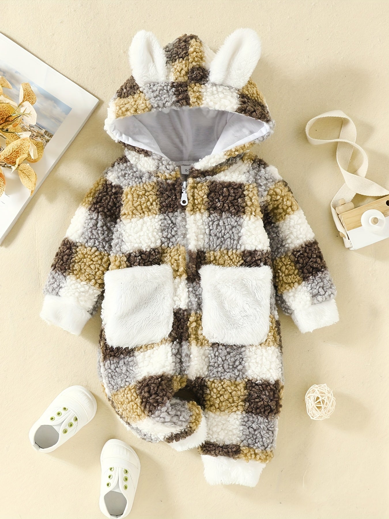 Rabbit Ears Plush Plaid Pocket Jumpsuit Baby Boys Girls Fleece Coat