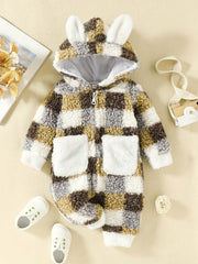 Rabbit Ears Plush Plaid Pocket Jumpsuit Baby Boys Girls Fleece Coat