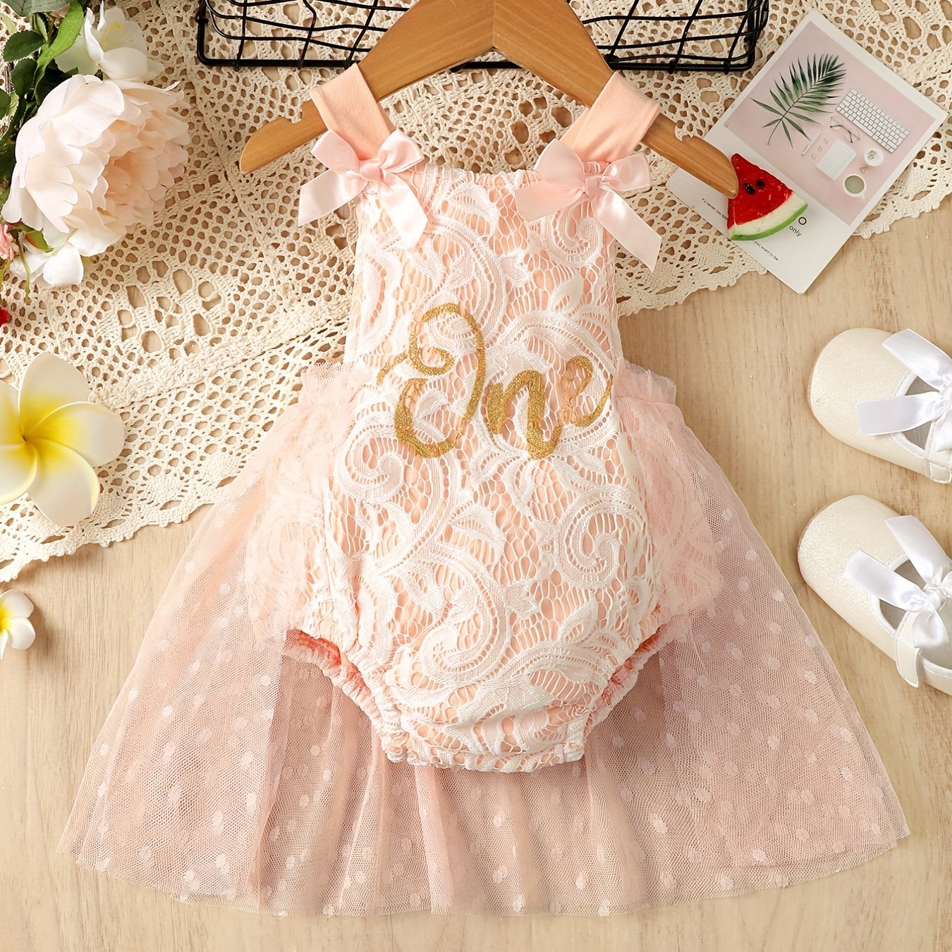 Baby Girls Lace Bowknot Mesh Onesie Dress Clothes