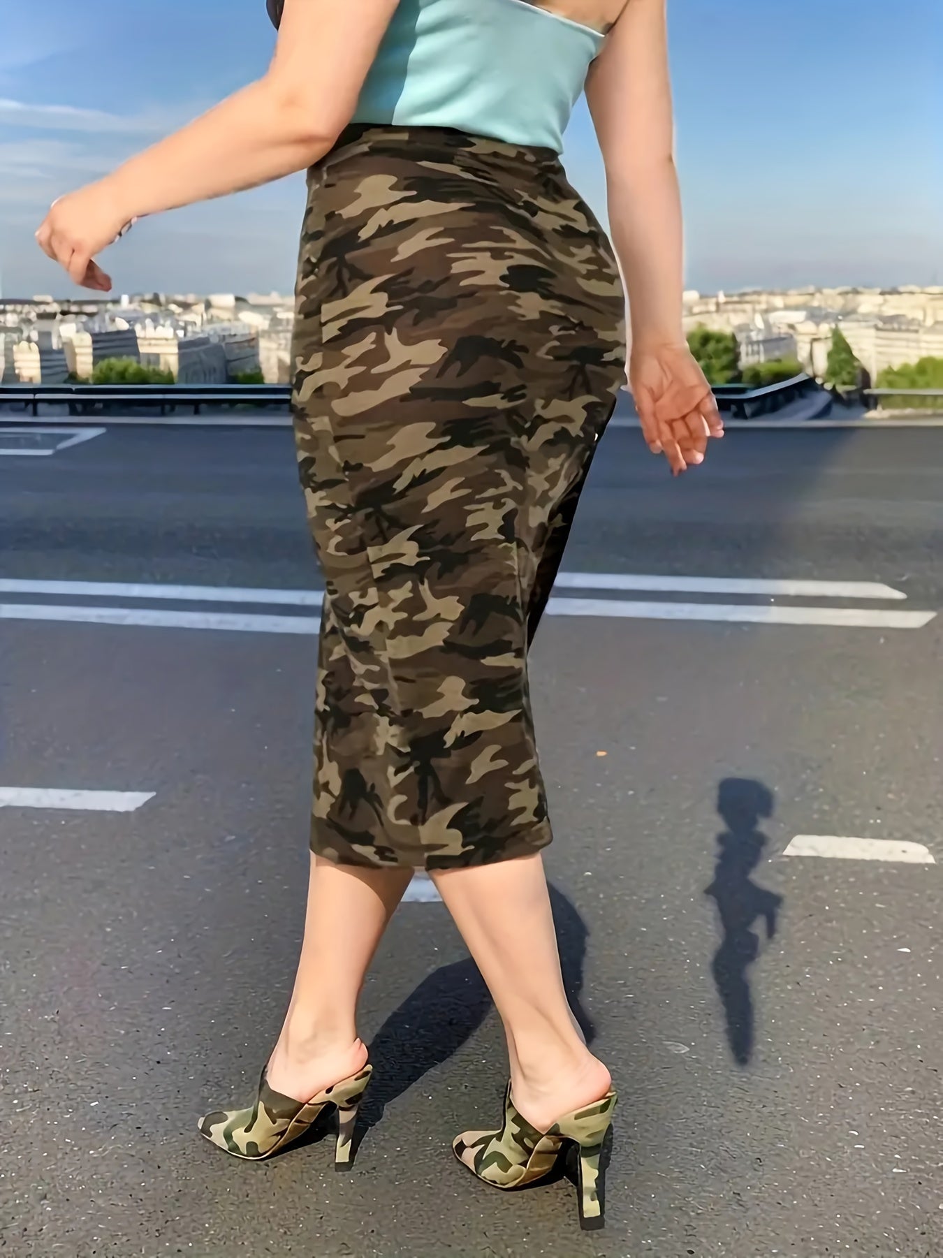 Camo Bodycon Midi Skirt High Rise Stretch