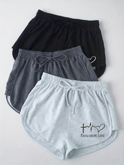 3 Pack Letter Print Drawstring Shorts for Women