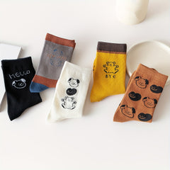 5 Pairs Cartoon Animal Print Socks Cute & Comfy Women's Stockings