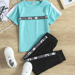 2pcs Boys Letter Graphic Tee Top & Pants Set Kids Summer Clothes