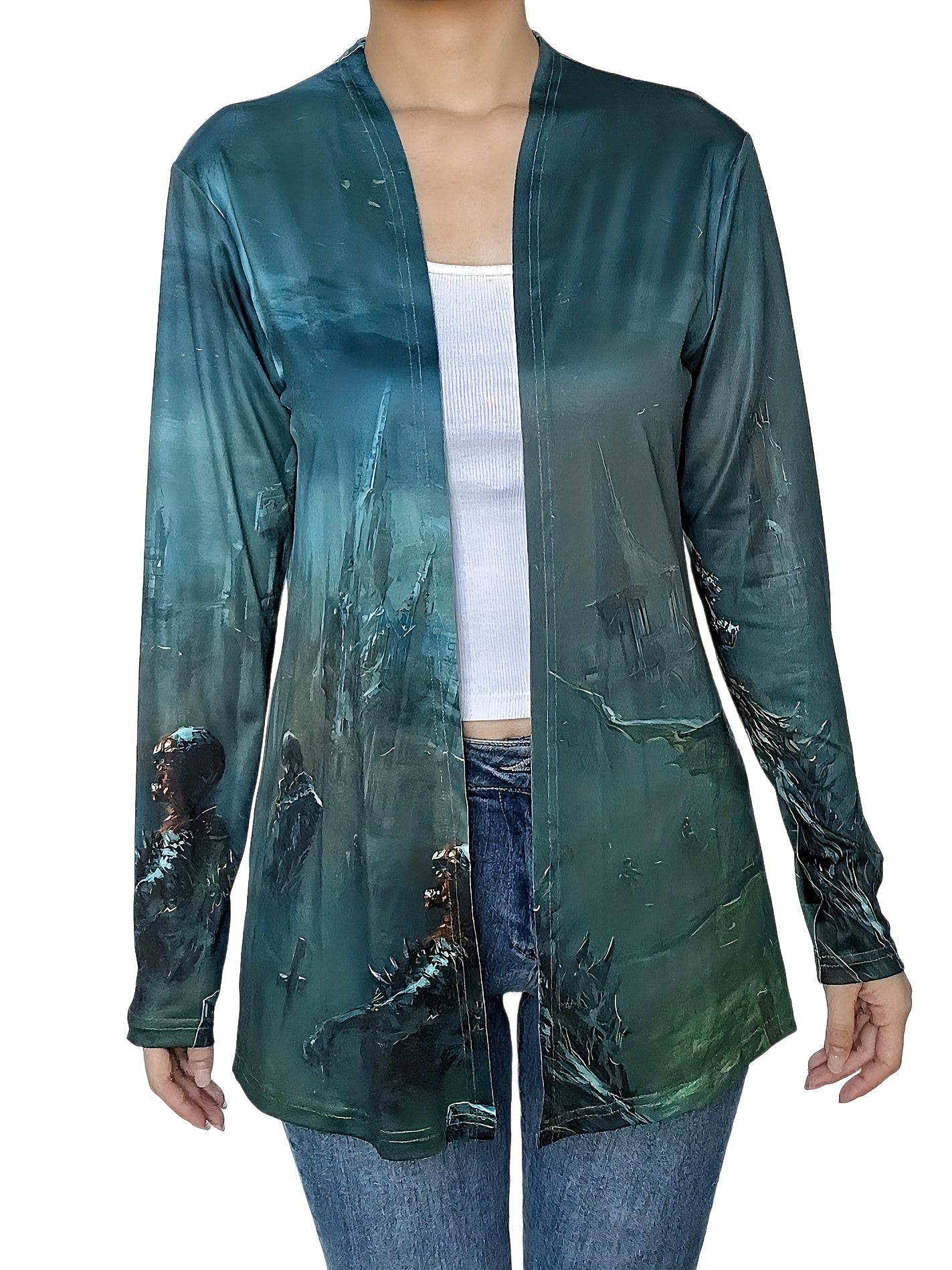 Casual Cardigan Women's Painting Print Long Sleeve Open Front