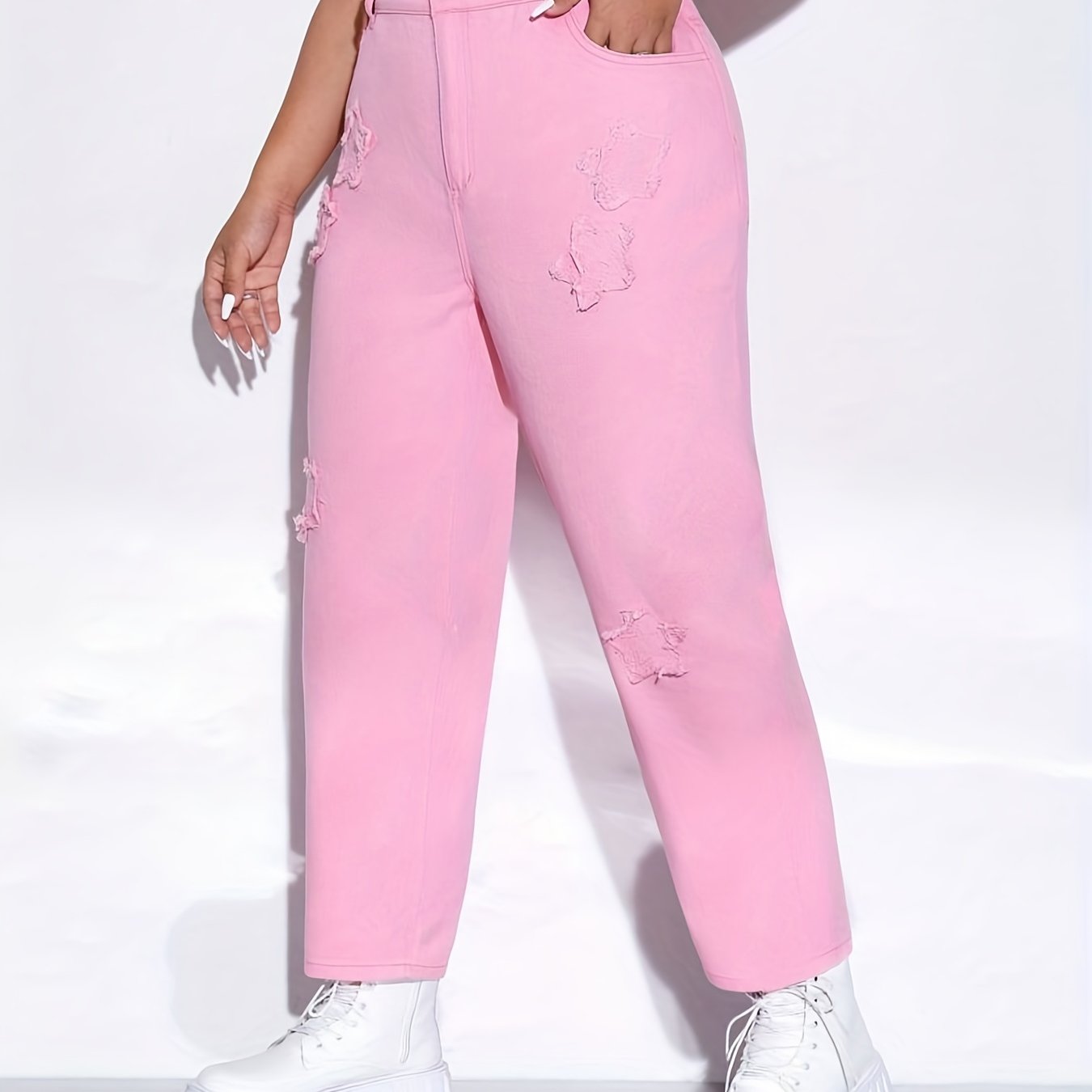 Pink Star Pattern Raw Seam Straight Jeans Loose Fit Non Stretch Casual Denim Pan