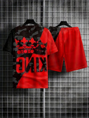 Men's Crown & King Graphic T-Shirt & Shorts Set for Outdoor Activities