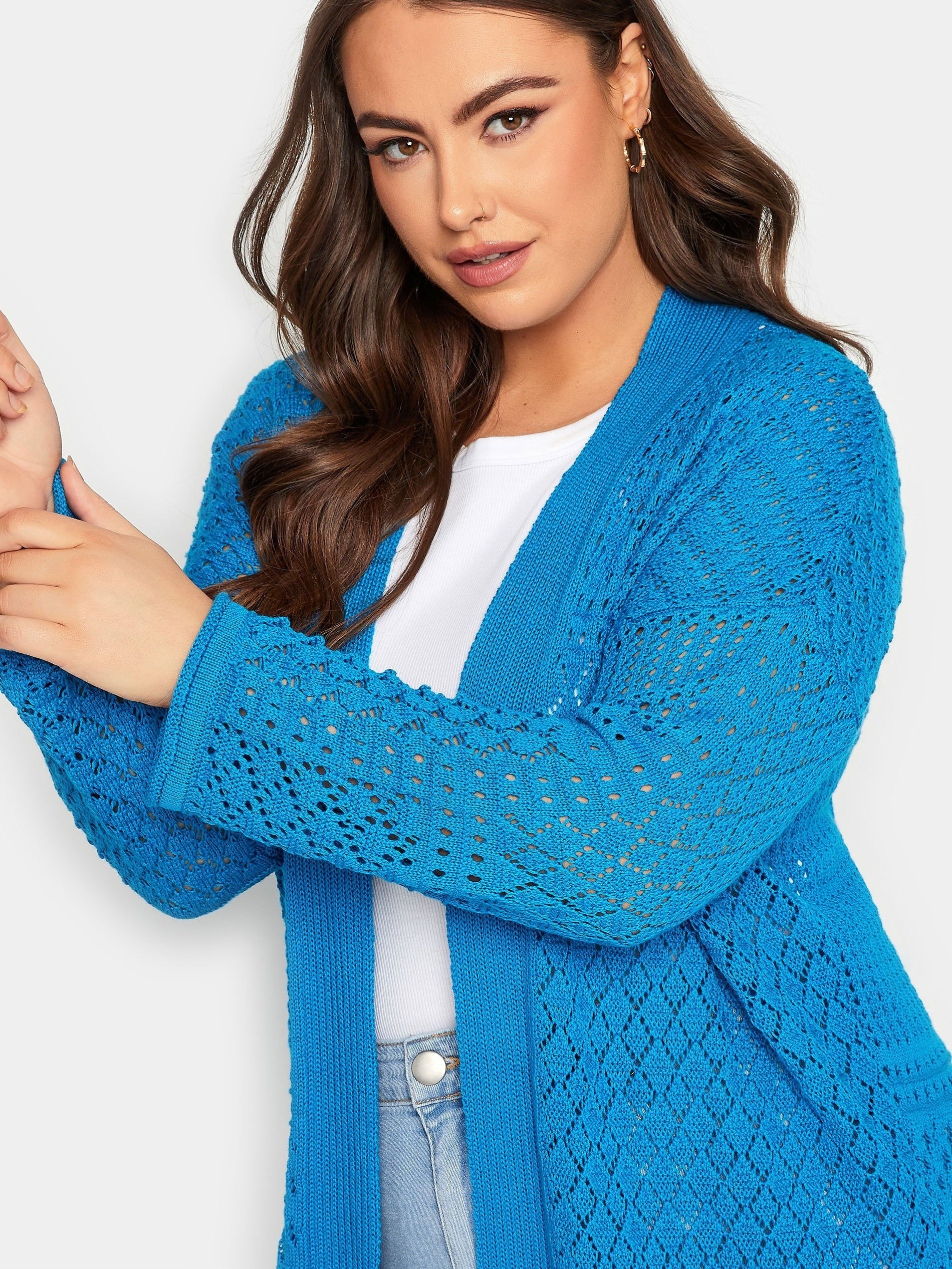 Solid Hollow Out Open Front Cardigan