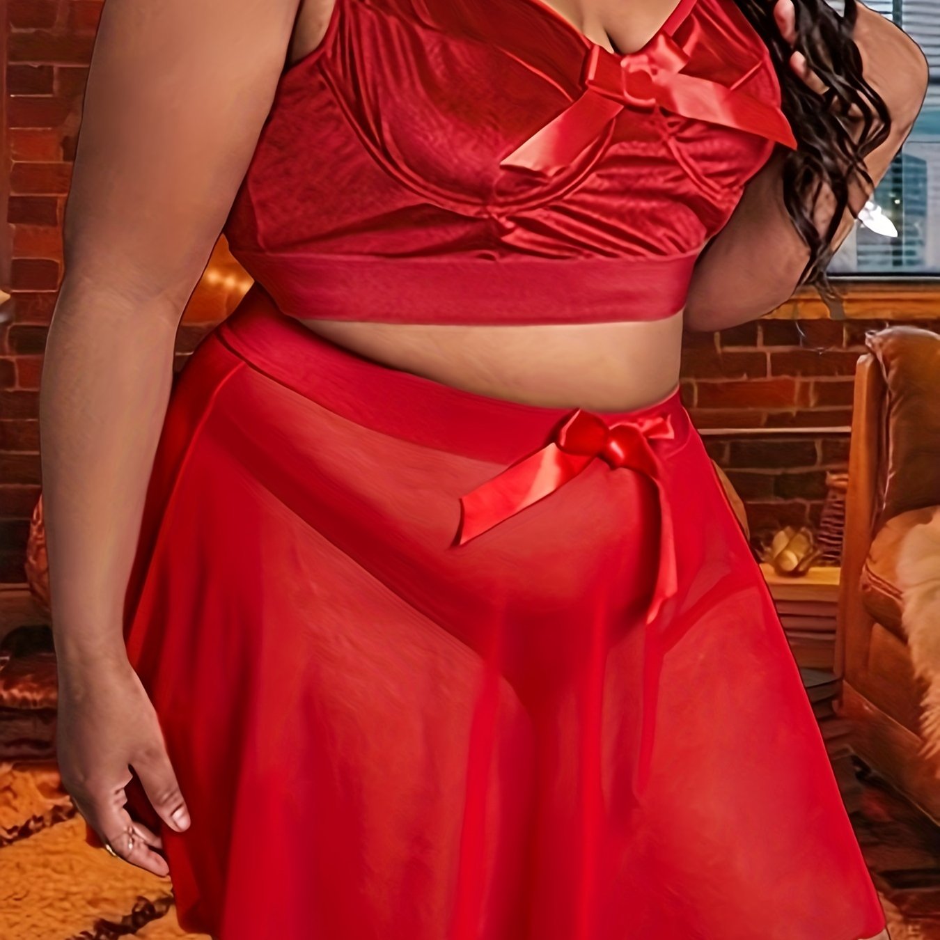 Velvet Ruffle Trim Christmas Lingerie Set