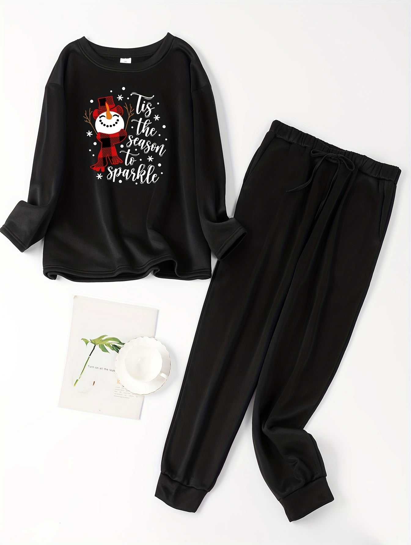 Snowman & Slogan Print Pajama Set - Plus Size