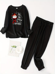 Snowman & Slogan Print Pajama Set - Plus Size