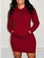 Women's Drawstring Long Sleeve Active Dress Solid Hooded Dress