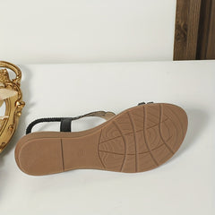 Boho Floral Rhinestone Flat Sandals Open Toe Elastic Strap