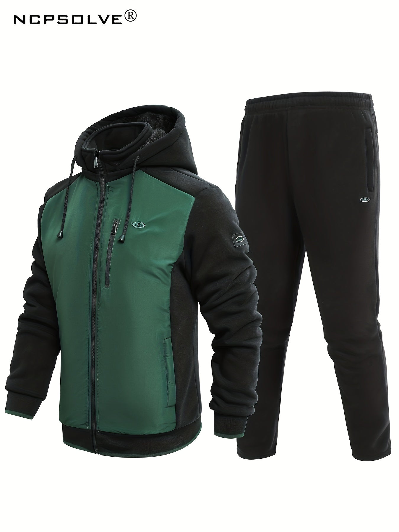 Men's Green Zip Up Hooded Jacket & Stretch Pants Sports Suit