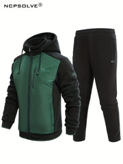 Men's Green Zip Up Hooded Jacket & Stretch Pants Sports Suit