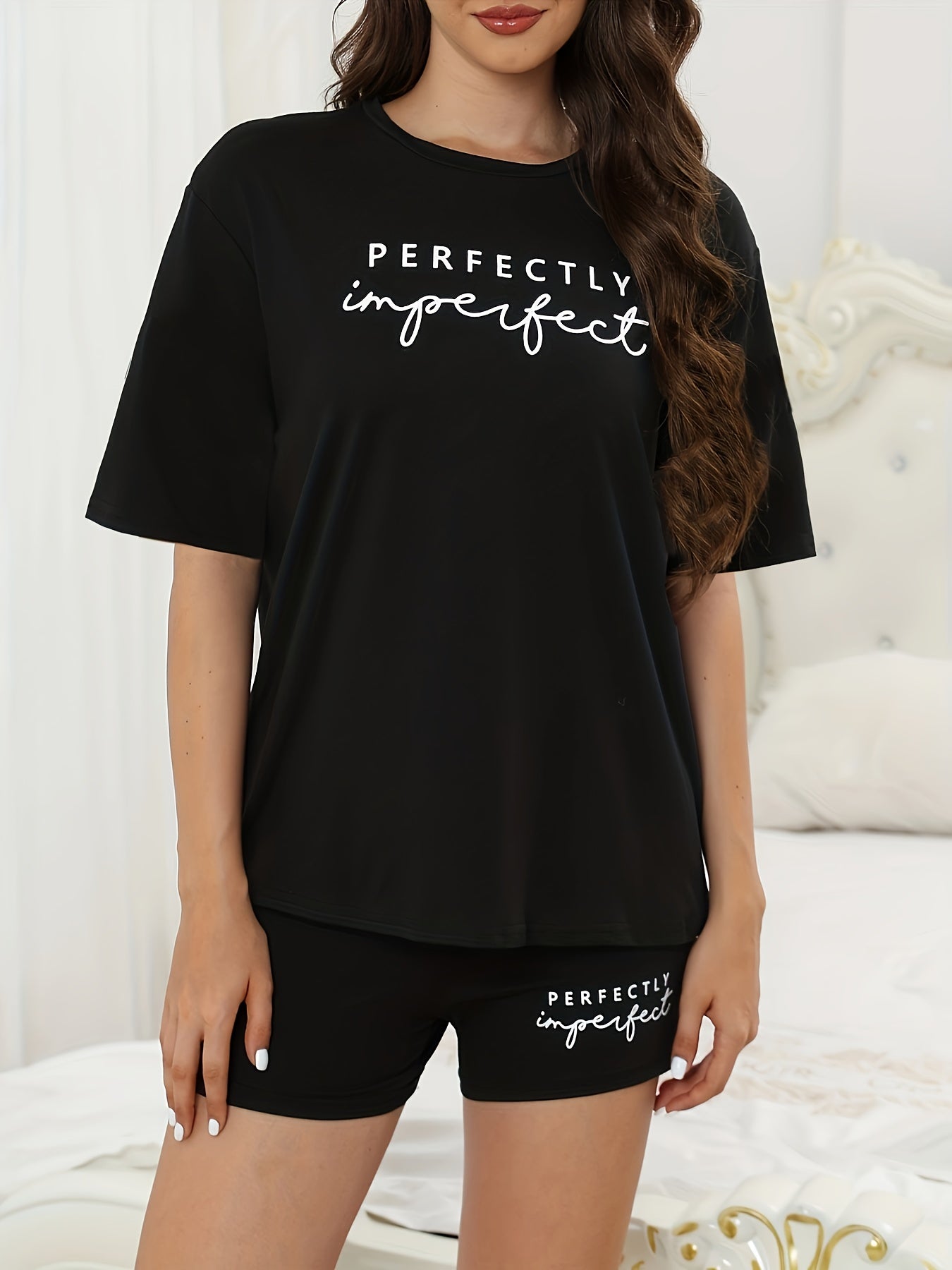 Letter Print Pajama Set Short Sleeve Tee Top & Shorts
