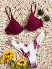 Burgundy Leaf Print Bikini Set V Neck Backless High Cut Two Piece Swimsuit