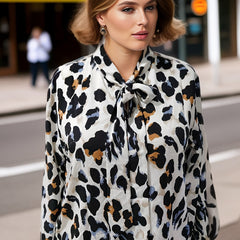 Leopard Print Bow Knot Long Sleeve Blouse