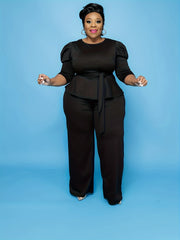 Solid Gigot Sleeve Peplum Top & Pants Set