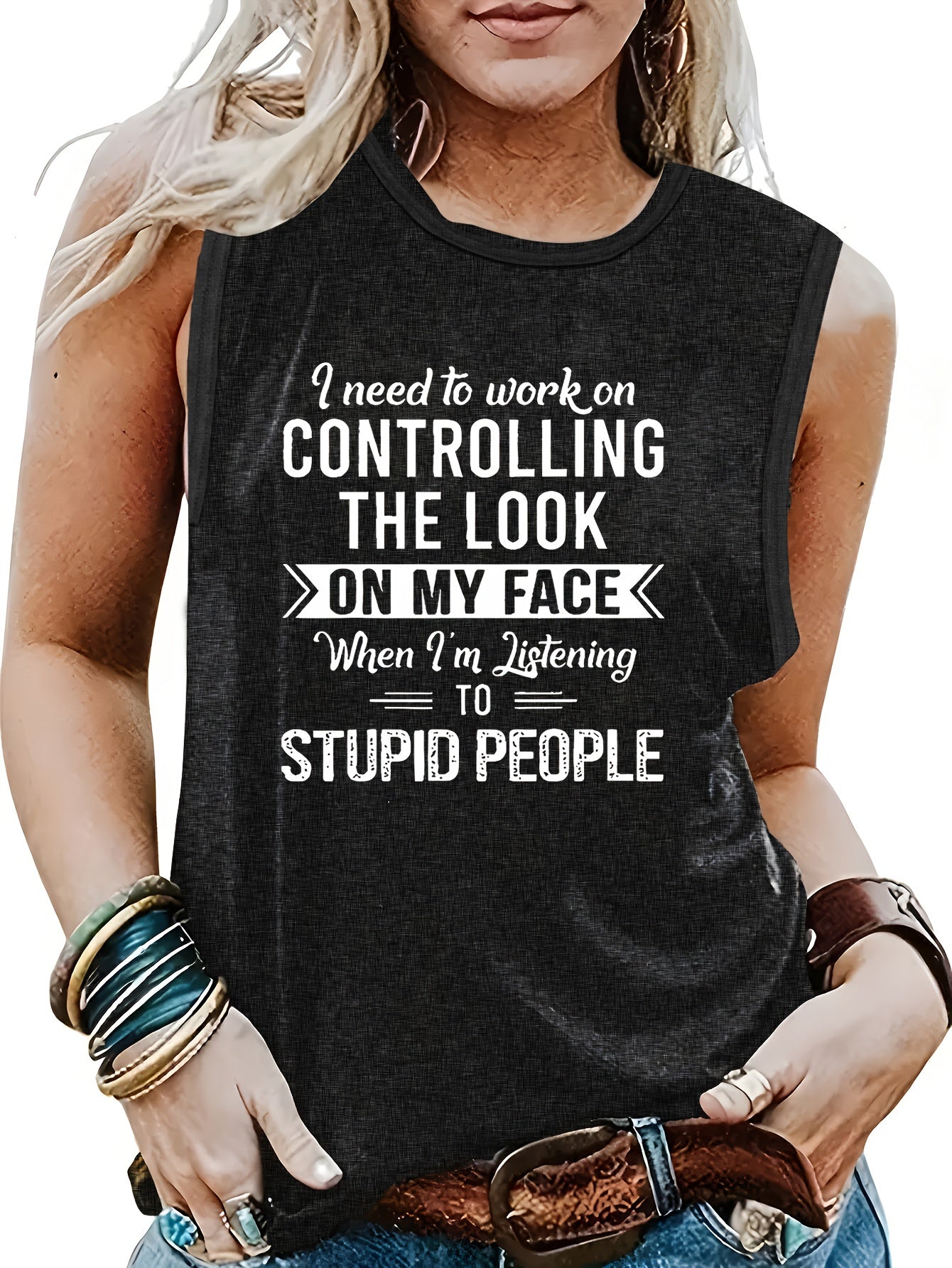 Letter Print Crew Neck Tank Top Summer Women's Clothing