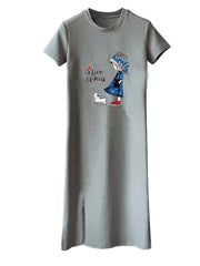 Cartoon Print Short Sleeve Dresses Casual & Comfy Side Split Loose Sleep Dresses