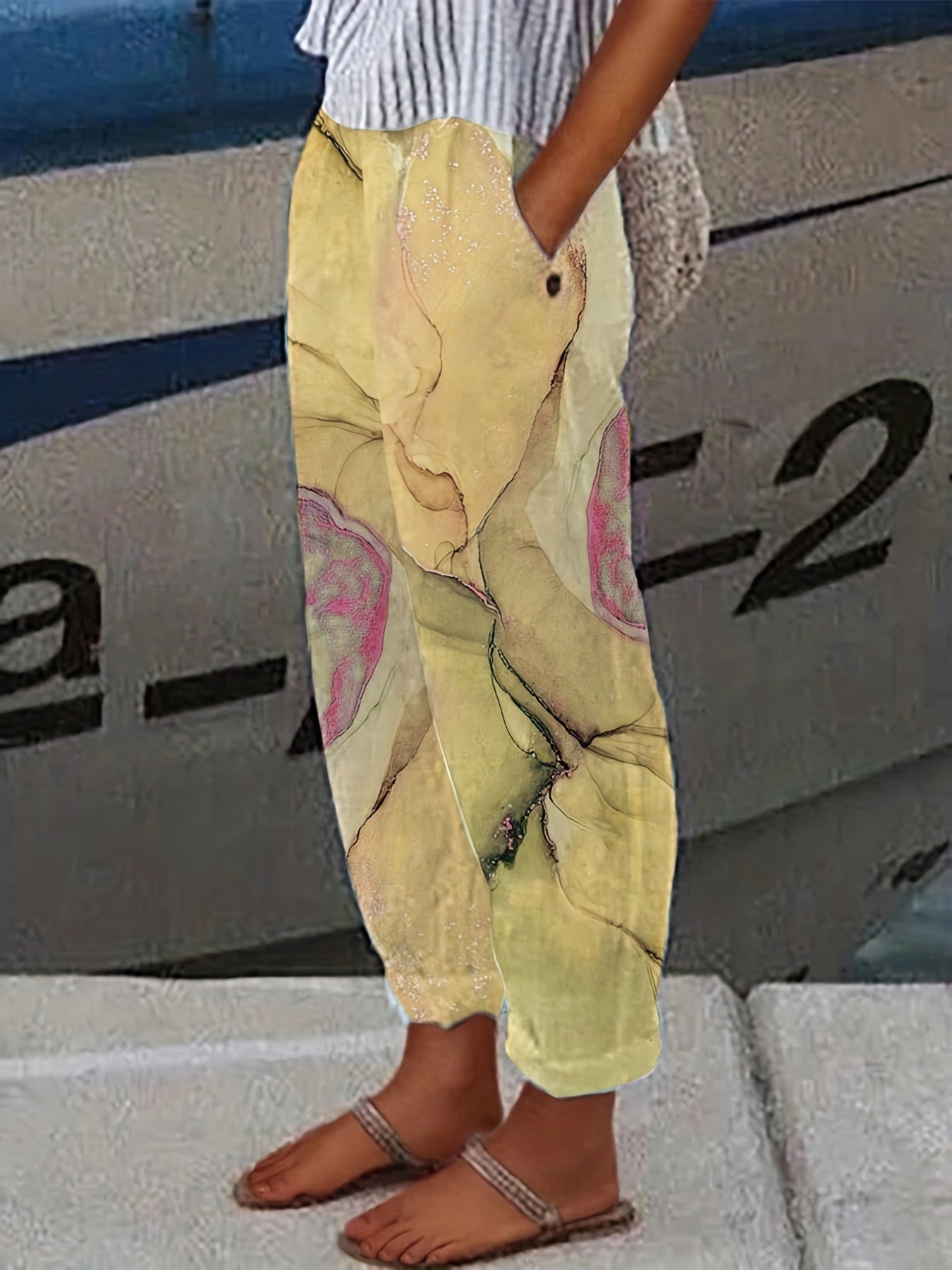 Graphic Print Dual Pockets Loose Pants Casual Comfy Pants
