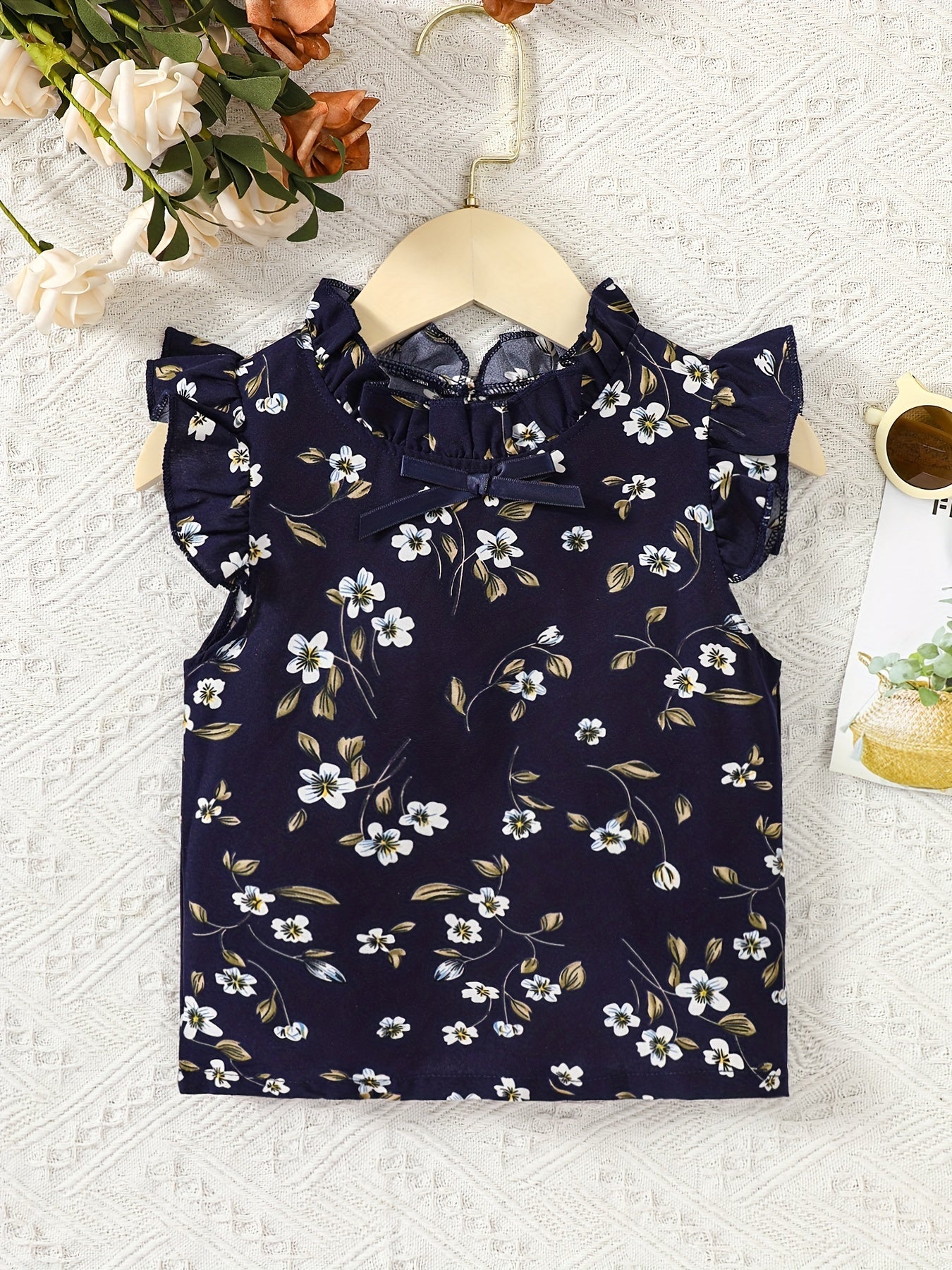 Girls Ruffle Sleeve Flowers Graphic Frill Trim Neck Bow Blouse Top