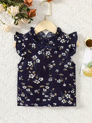 Girls Ruffle Sleeve Flowers Graphic Frill Trim Neck Bow Blouse Top