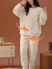 Plaid Fuzzy Pajama Set Long Sleeve Crew Neck Top & Elastic Waistband Pants