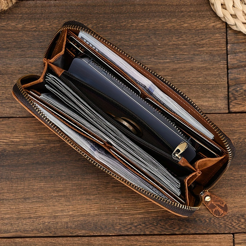 Men's Vintage Travel Wallet Top Grain Leather with Wristlet Zipper Closure