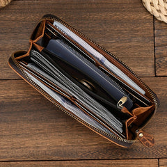 Men's Vintage Travel Wallet Top Grain Leather with Wristlet Zipper Closure
