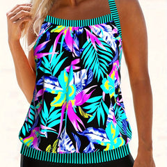 Modest Tankini Set Women's Plus Striped & Tropical Print