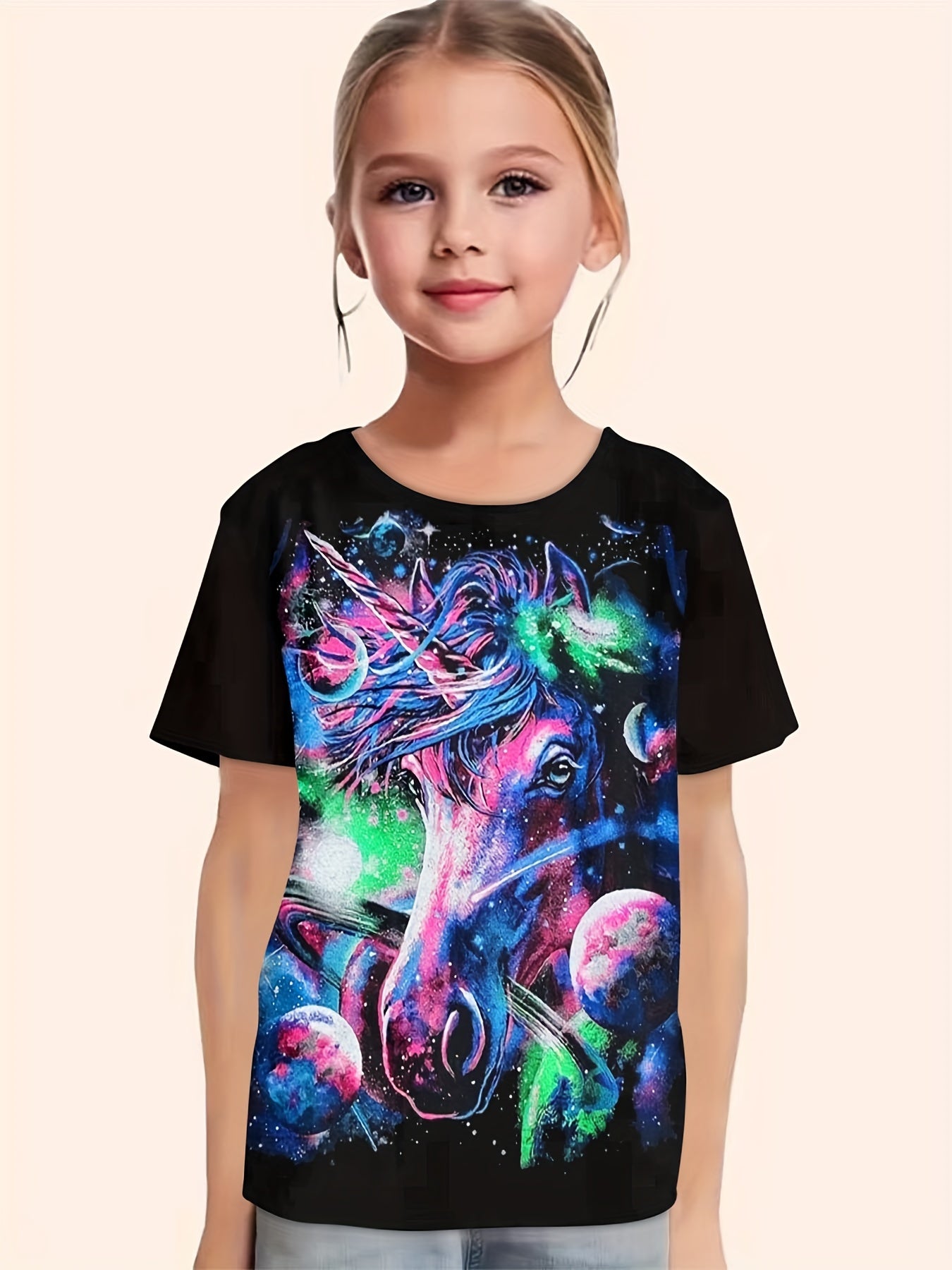 Tie Dye Horse Graphic Short Sleeve T shirt Girls Versatile Pullover Tops Summer