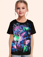 Tie Dye Horse Graphic Short Sleeve T shirt Girls Versatile Pullover Tops Summer