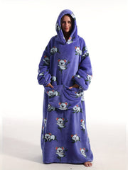 Cartoon Animal Print Hooded Robe Warm & Comfy Long Sleeve Lounge Robe