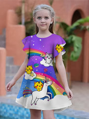 Girls 3D Kitty & Unicorn Graphic Dress Girls Comfy Short Sleeve