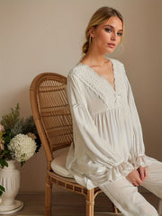 Lace Trim Pajama Set Long Sleeve V Neck Top Comfy Pants Women's Sleepwear