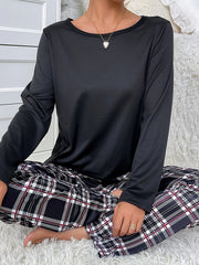 Plaid Print Pajama Set Long Sleeve Crew Neck Top & Elastic Waistband Pants