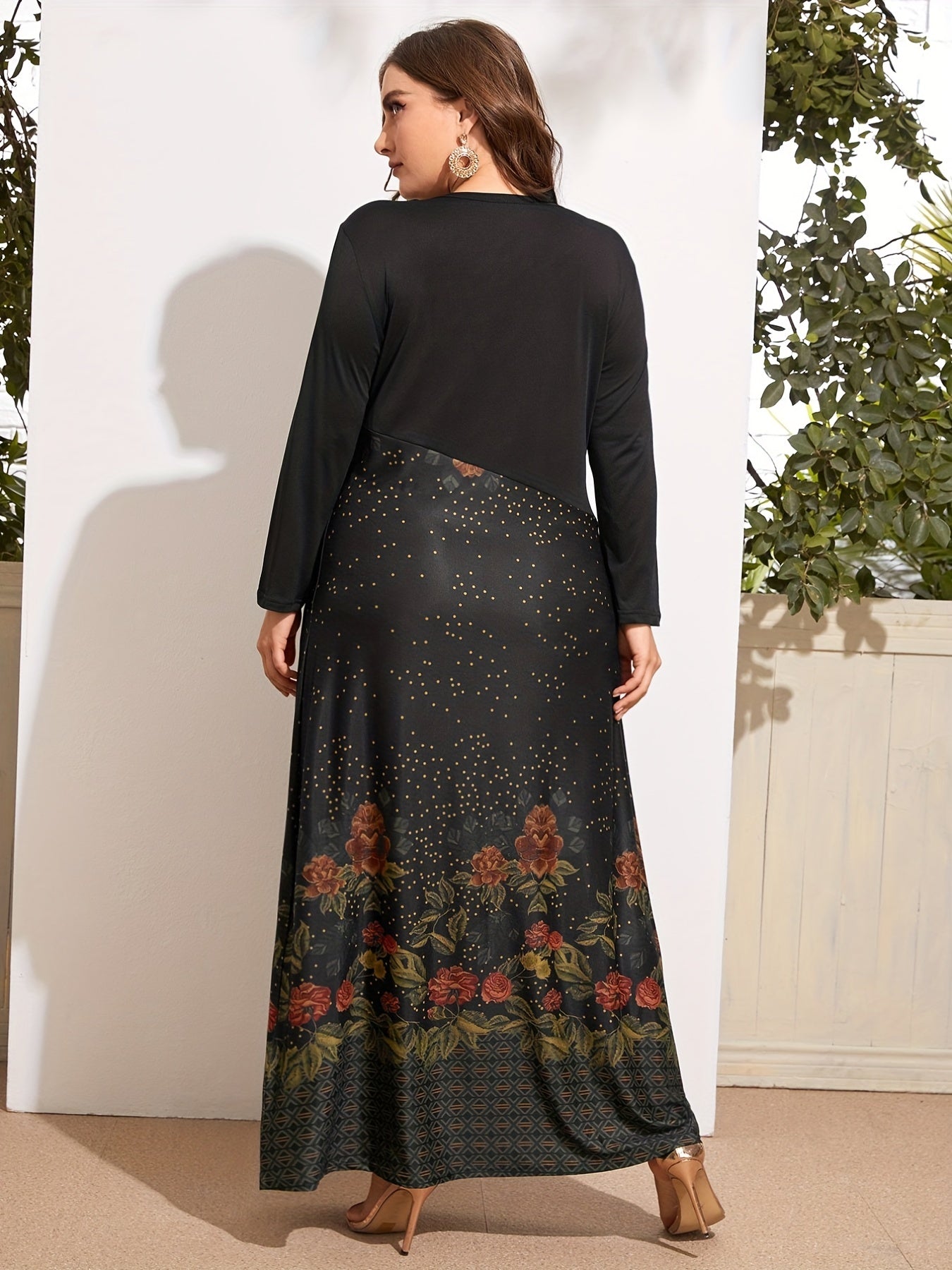 Women's Plus Floral Print Long Sleeve Maxi Dress