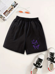 Girls Shorts Purple Butterfly Print Comfy Fit Elastic Waist Work Out Shorts