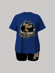 Slogan & Figure Print Short Sleeve Top & Shorts Set