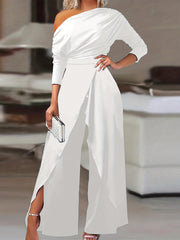 Solid Ruched Split Jumpsuit Casual Wide Leg Jumpsuit