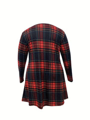 Plaid Print Long Sleeve V Neck A Line Dress