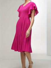 Solid Ruffle Sleeve V Neck Midi Party Dress