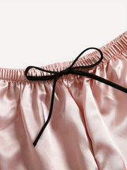 Solid Satin Pajama Set V Neck Cami Top & Shorts Women's Sleepwear