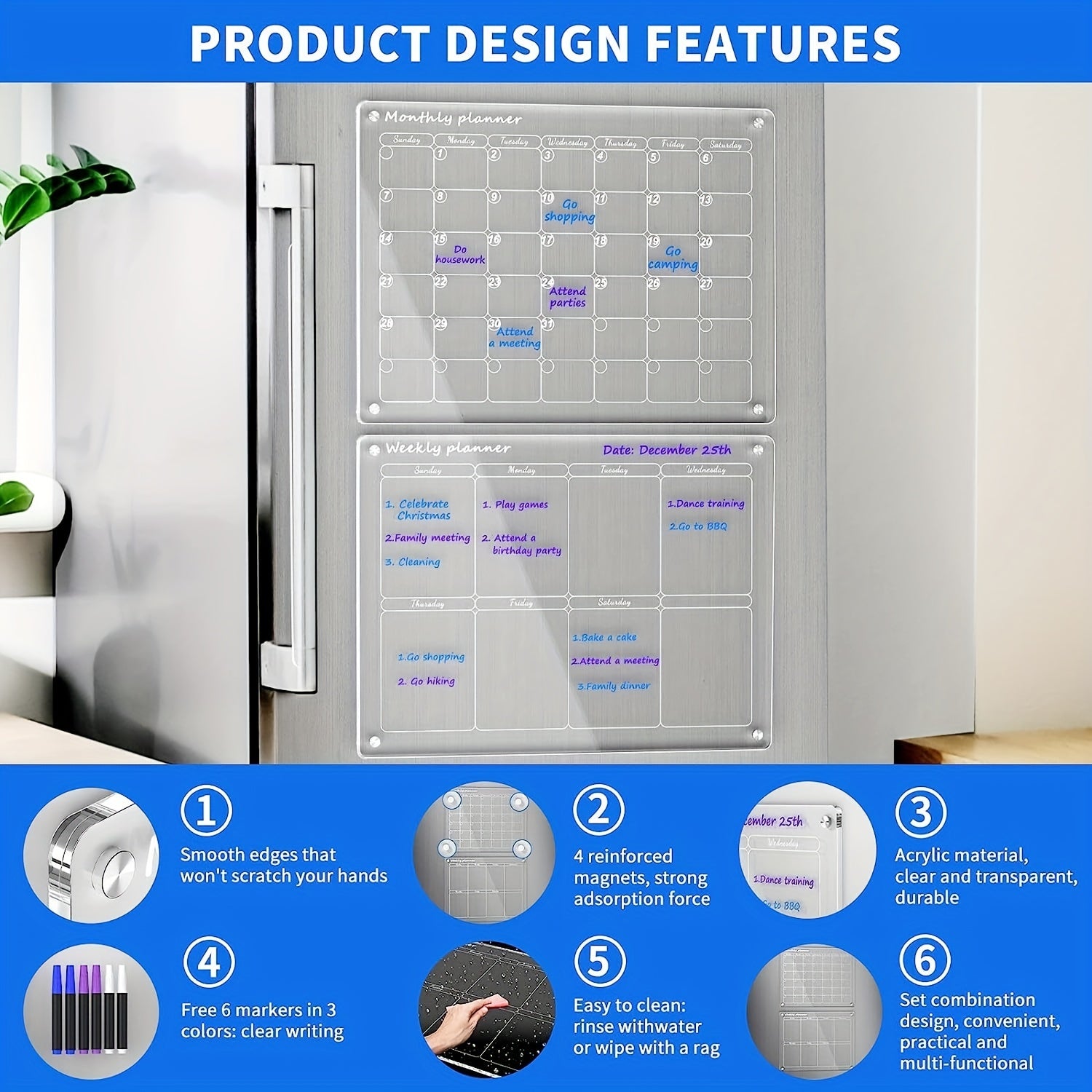 2 Piece Acrylic Magnetic Calendar Set with 6 Markers