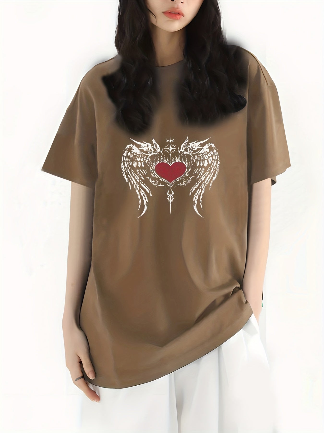 Wing & Heart Print T shirt Casual Crew Neck Short Sleeve Top