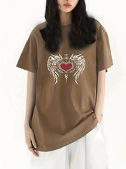 Wing & Heart Print T shirt Casual Crew Neck Short Sleeve Top