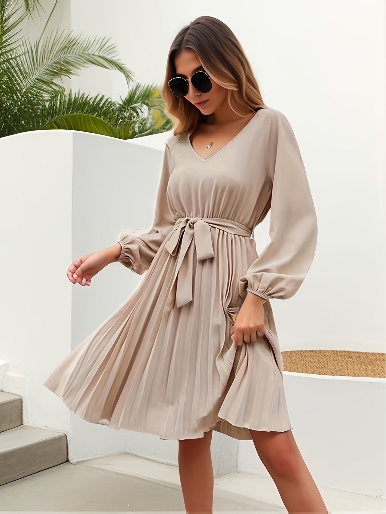 Tie Waist Pleated Dress Lantern Sleeve V neck Dress