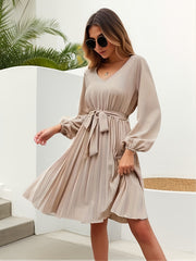 Tie Waist Pleated Dress Lantern Sleeve V neck Dress