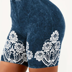 Women's Stretch Floral & Denim Print High Rise Leggings Shorts